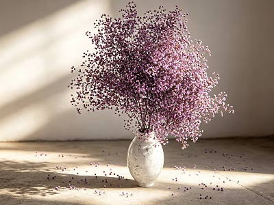 White Vase With Purple Flowers in Sunlit Room With Light Wall And Scattered Petals 3d model