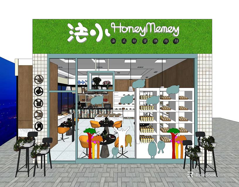 Honey Money Dessert Shop Storefront With Green Sign Interior Seating And Dessert Display Shelves 3d model 