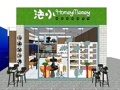 Honey Money Dessert Shop Storefront With Green Sign Interior Seating And Dessert Display Shelves 3d model