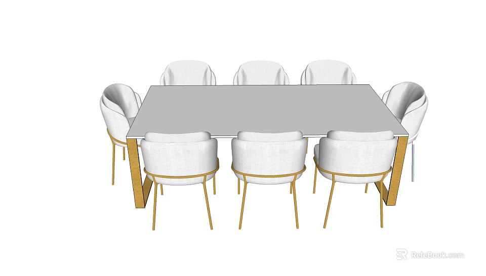 Modern Minimalist Dining Table Set with White Chairs and Gold Legs Gray Tabletop 3d model 