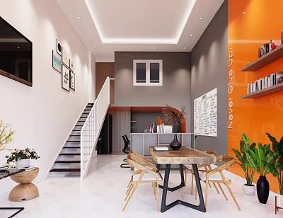 Modern Office Interior With Orange Wall White Staircase Green Plants And Wooden Table 3d model