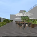 Stylish Roof Terrace With Wooden Deck Tables Chairs Umbrellas Green Plants And Ping Pong Table