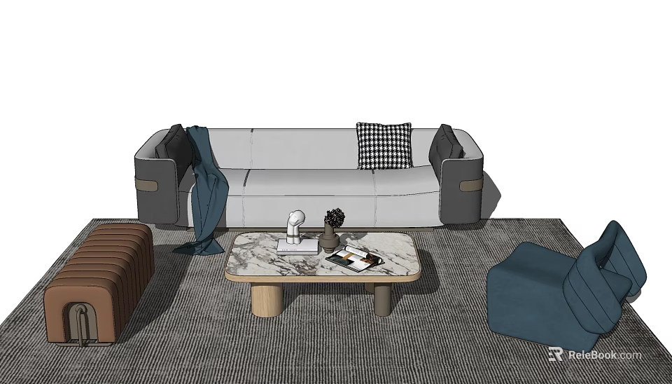 Gray White Sofa With Checkered Cushion And Marble Top Coffee Table In Living Room 3d model 