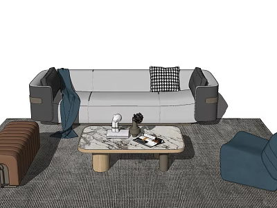 Gray White Sofa With Checkered Cushion And Marble Top Coffee Table In Living Room 3d model