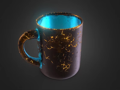Dark Colored Mug With Blue Interior And Gold Crackle Pattern Against Dark Background 3d model