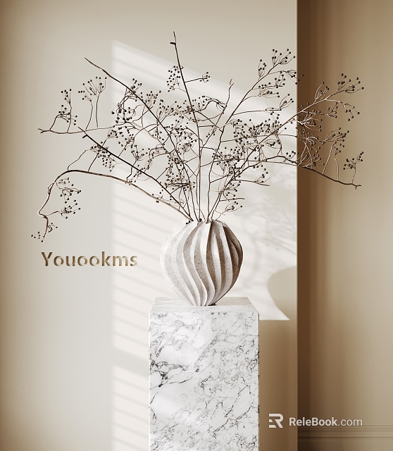 Elegant Flower Vase With Dried Branches On Marble Pedestal And Light Beige Wall 3d model 