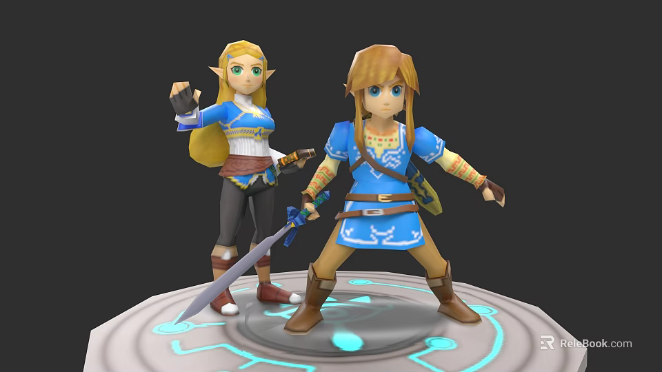 Two Adventurous Game Characters in Blue Outfits with Weapons on Glowing Platform 3d model 