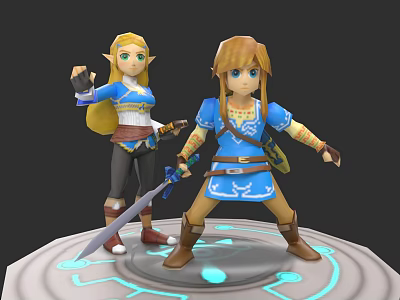 Two Adventurous Game Characters in Blue Outfits with Weapons on Glowing Platform 3d model