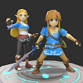 Two Adventurous Game Characters in Blue Outfits with Weapons on Glowing Platform