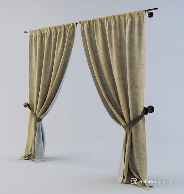 Soft Beige Linen Curtains With Tiebacks And Modern Hanging Style 3d model