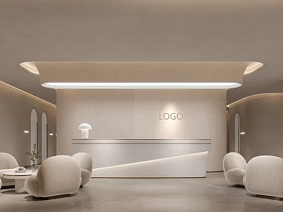 Modern Reception Desk with Curved Beige Design LOGO Above White Sofas and Soft Lobby Lighting 3d model
