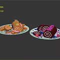 Colorful Cake Rolls And Mini Pastries On Two Plates With Fruit Decorations 3d model