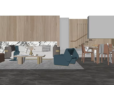 Modern Fabric Sofa And Wooden Coffee Table Set With Accent Chairs And Area Rug 3d model