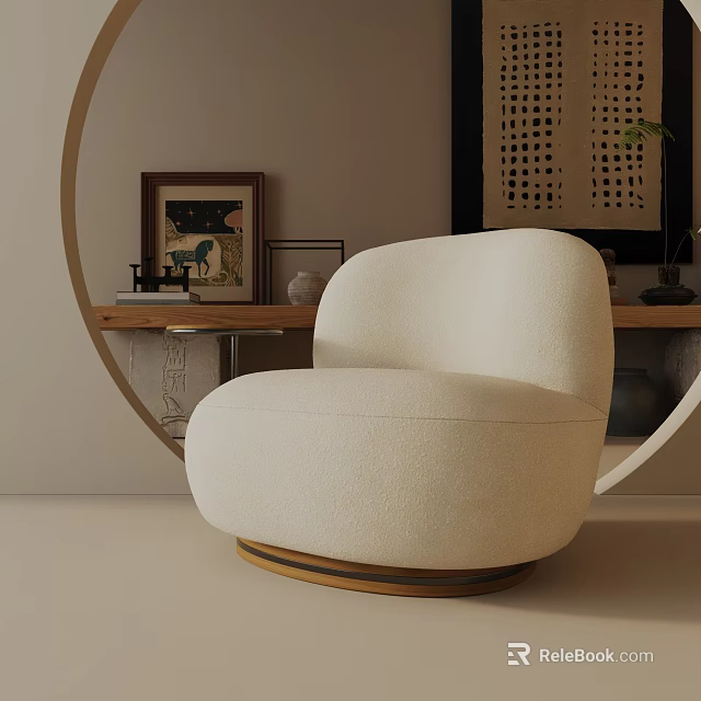 Modern Off White Fabric Upholstered Accent Chair With Curved Design And Wooden Base In Interior Decor 3d model 