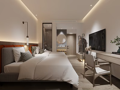 Elegant Modern Hotel Room Interior With King Bed White Bedding And Flat Screen TV 3d model