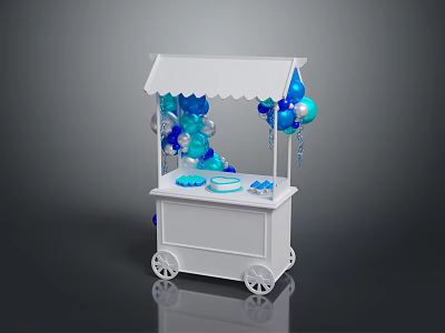 White Food Cart With Canopy And Blue Silver Balloons For Dessert 3d model