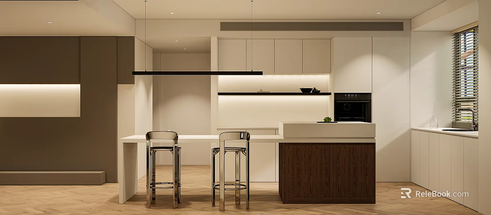 Modern Kitchen Interior With Island Counter Bar Stools Pendant Lights And Cabinets 3d model 