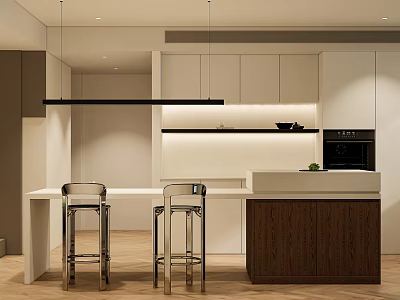 Modern Kitchen Interior With Island Counter Bar Stools Pendant Lights And Cabinets 3d model