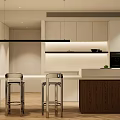Modern Kitchen Interior With Island Counter Bar Stools Pendant Lights And Cabinets