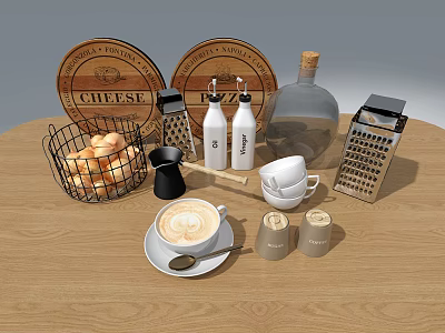 Tableware Set Including Cheese Boards Graters Bread Basket Coffee Cup And Salt Pepper Shakers 3d model