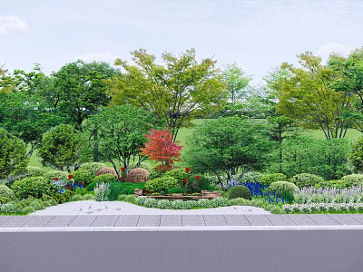 Lush Arbor Trees In Natural Garden Landscape With Green Shrubs And Wooden Bench 3d model