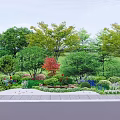 Lush Arbor Trees In Natural Garden Landscape With Green Shrubs And Wooden Bench