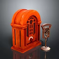 Vintage Electronic Appliances Wooden Radio With Arch Top And Table Fan