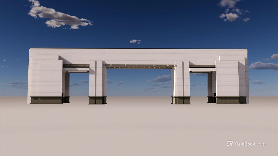 Modern Entrance Gate With White Walls Columns Blue Sky Background And Spacious Area 3d model 