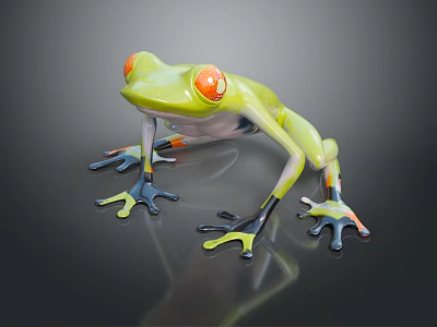 Vibrant Green Reptile With Red Eyes And Colorful Limbs Standing On Glossy Surface 3d model