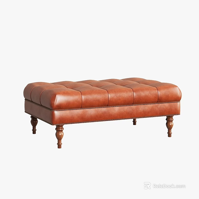Brown Leather Ottoman With Tufted Top And Classic Wooden Legs Design 3d model 
