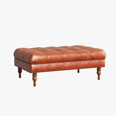 Brown Leather Ottoman With Tufted Top And Classic Wooden Legs Design 3d model