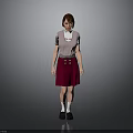 Woman Standing in Pink Vest White Shirt Red Skirt White Socks and Black Shoes