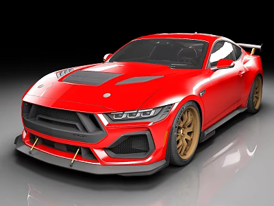 Red Muscle Car With Golden Wheels Black Hood And Sporty Exterior Design 3d model