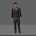 A Man Wearing Gray T-shirt Red And Gray Jacket Blue Jeans Standing Against Gray Background