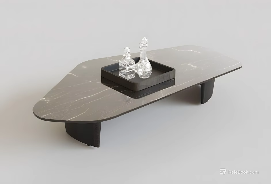 Modern Irregular Shape Coffee Table With Marble Top Black Tray And Crystal Decor 3d model
