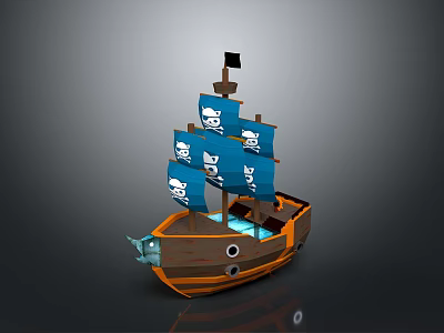 3D Pirate Ship Water Vehicle With Blue Sails Brown Hull And Skull Symbols 3d model