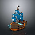 3D Pirate Ship Water Vehicle With Blue Sails Brown Hull And Skull Symbols