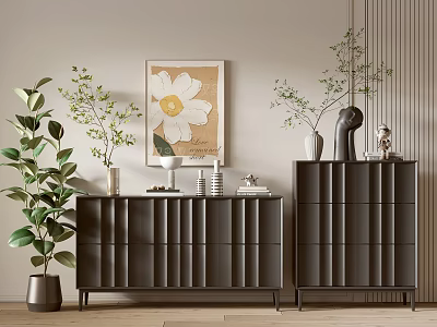 Modern Entryway Cabinet And Side Cabinet With Green Plants Artwork On Beige Wall Wooden Floor 3d model