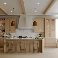 Modern Warm Light Beige Kitchen With Central Island Bar Stools And Full Custom Storage Cabinets