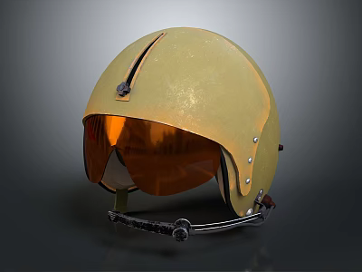 Classic Yellow Protective Helmet with Orange Tinted Visor and Vintage Metal Fittings 3d model