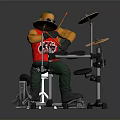 Cartoon Drummer Playing Complete Drum Set With Cymbals Sticks And Stool