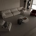 Modern White Sofa And Round Coffee Table Set With Beige Red Armchairs Rug And Plant