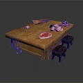Rustic Wooden Butcher Table With Raw Meat Pieces Stools And Hanging Tools