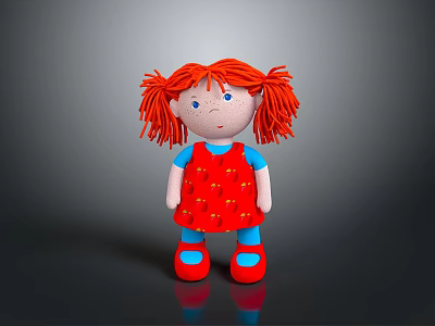 Adorable Red Hair Doll Wearing Strawberry Pattern Dress And Blue Shoes As Daily Toy 3d model