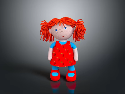 Adorable Red Hair Doll Wearing Strawberry Pattern Dress And Blue Shoes As Daily Toy 3d model