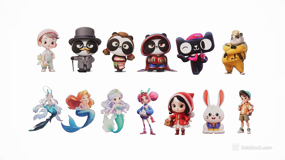 Cute Cartoon Character Charms With Various Designs Including Panda Penguin Mermaid And Rabbit 3d model 