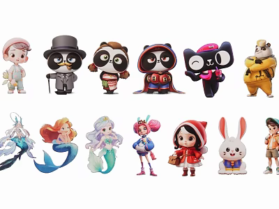 Cute Cartoon Character Charms With Various Designs Including Panda Penguin Mermaid And Rabbit 3d model