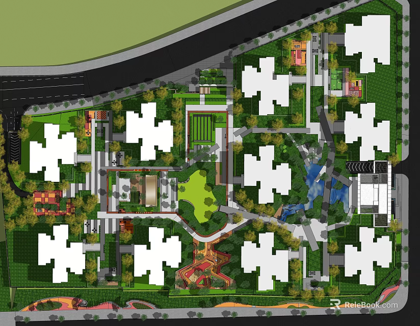 Residential Landscape Design Featuring Multiple Buildings Green Spaces Central Park And Water Features 3d model 