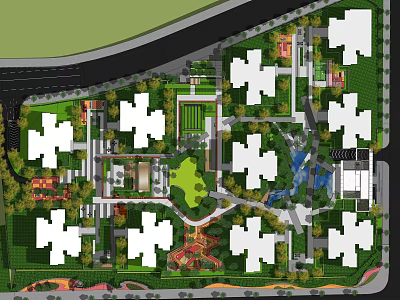 Residential Landscape Design Featuring Multiple Buildings Green Spaces Central Park And Water Features 3d model