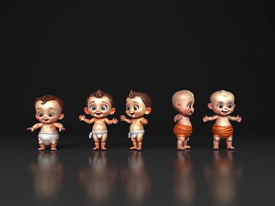 Five Cute Cartoon Babies Standing in Different Colored Diapers on Black Background with Reflective Floor 3d model